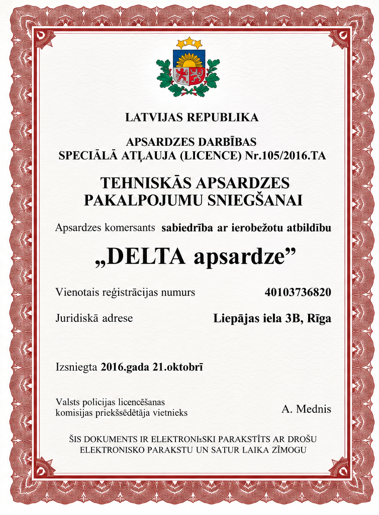 DELTA apsardze — apsardzes darbības licence